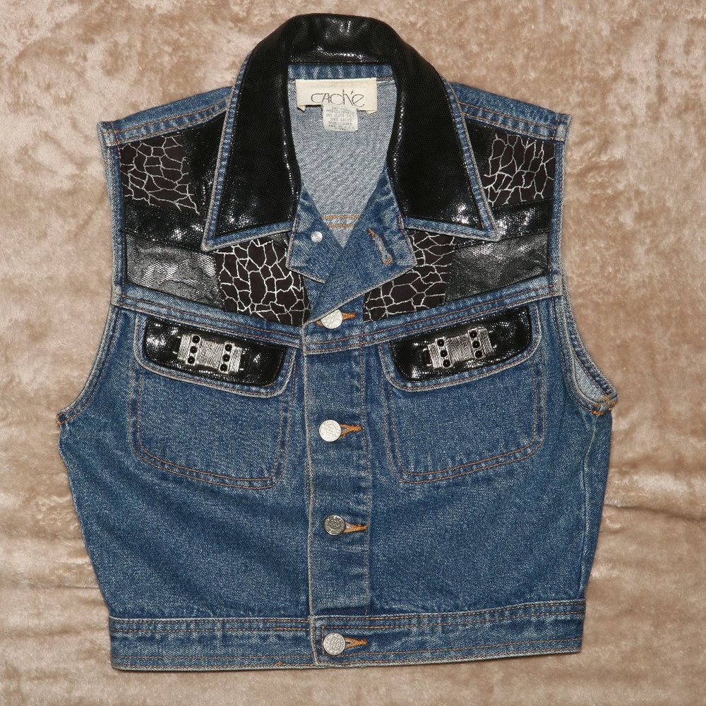 Cache Denim Jean Jacket With Genuine Leather Trim… - image 1